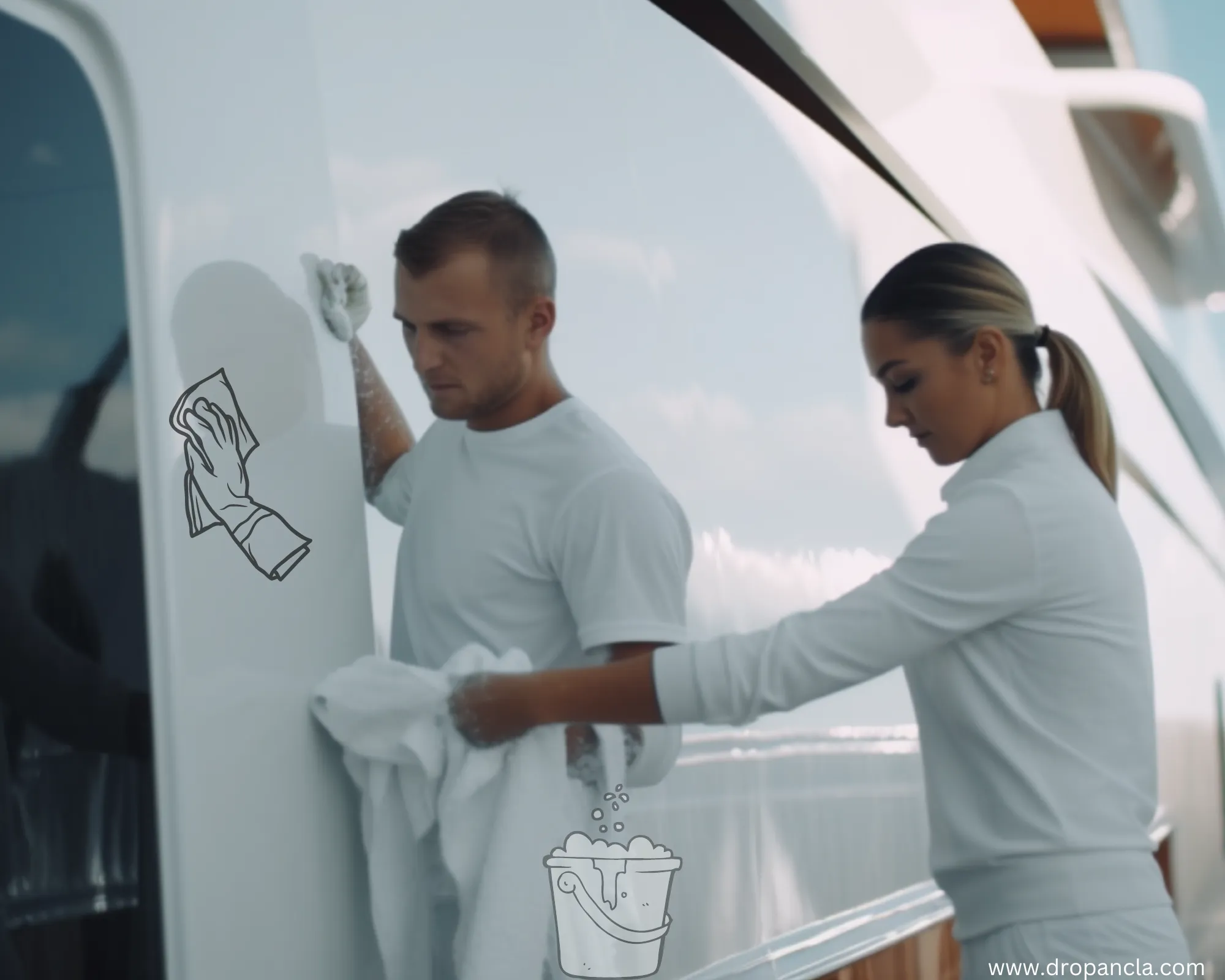 man and a woman cleaning a yacht