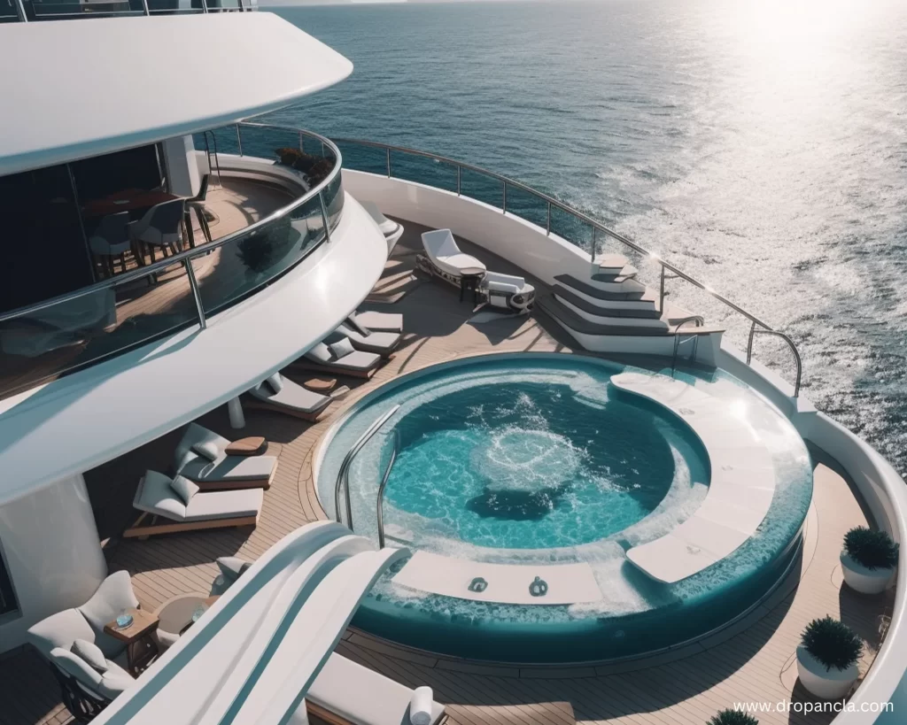 swimming pool of a luxury yacht and the outside view of a luxury yacht