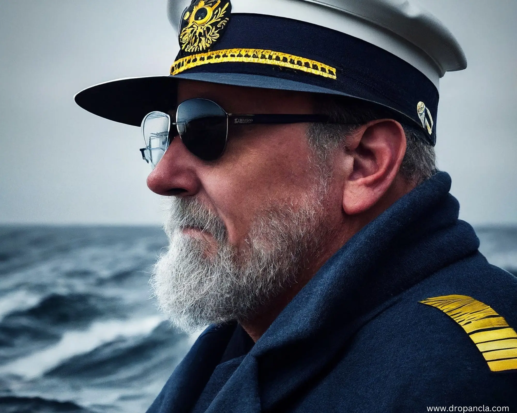 ship's captain observing stormy sea with determination.